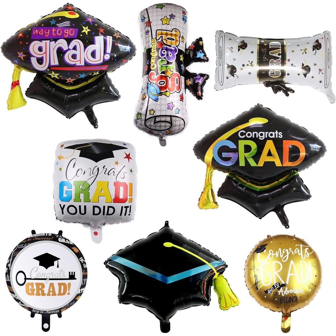 Balon din Folie Metalizata, Flippy, Figurina, Model Toca Congrats Grad, Tematica Absolvire, 66x66 cm, Ambalaj Individual, Pai Inclus, Umflare cu Aer sau Heliu, Negru