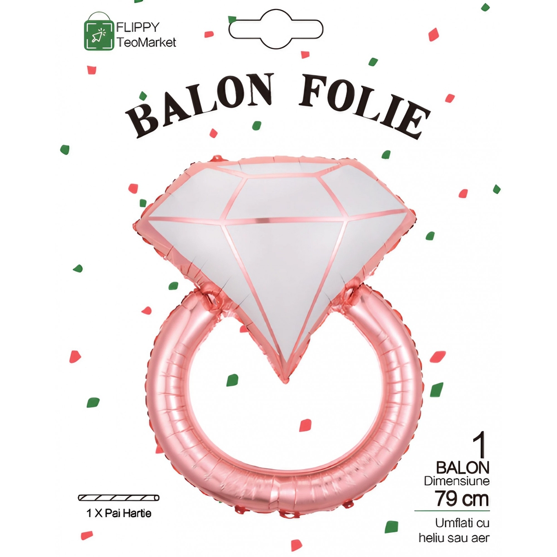 Balon din Folie Metalizata, Flippy, Figurina Inel de Logodna, Model Diamant, Tema Nunta, 60 cm, Ambalaj Individual, Pai Inclus, Umflare cu Aer sau