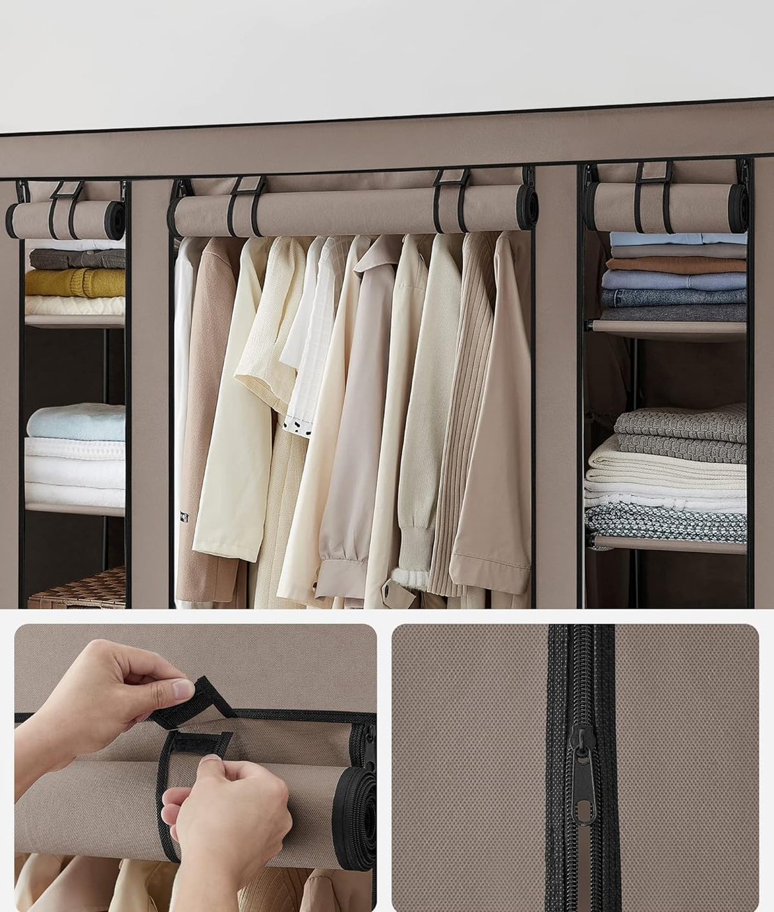 SONGMICS Garderoba din material textil, dulap portabil, cu rafturi si sina de agatat, 150x45x175cm, taupe