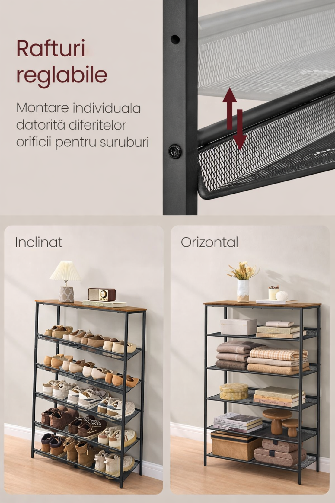 VASAGLE Etajera pantofi 6 niveluri, rafturi metalice reglabile, blat din PAL, stil industrial, 75x28x114 cm, maro rustic