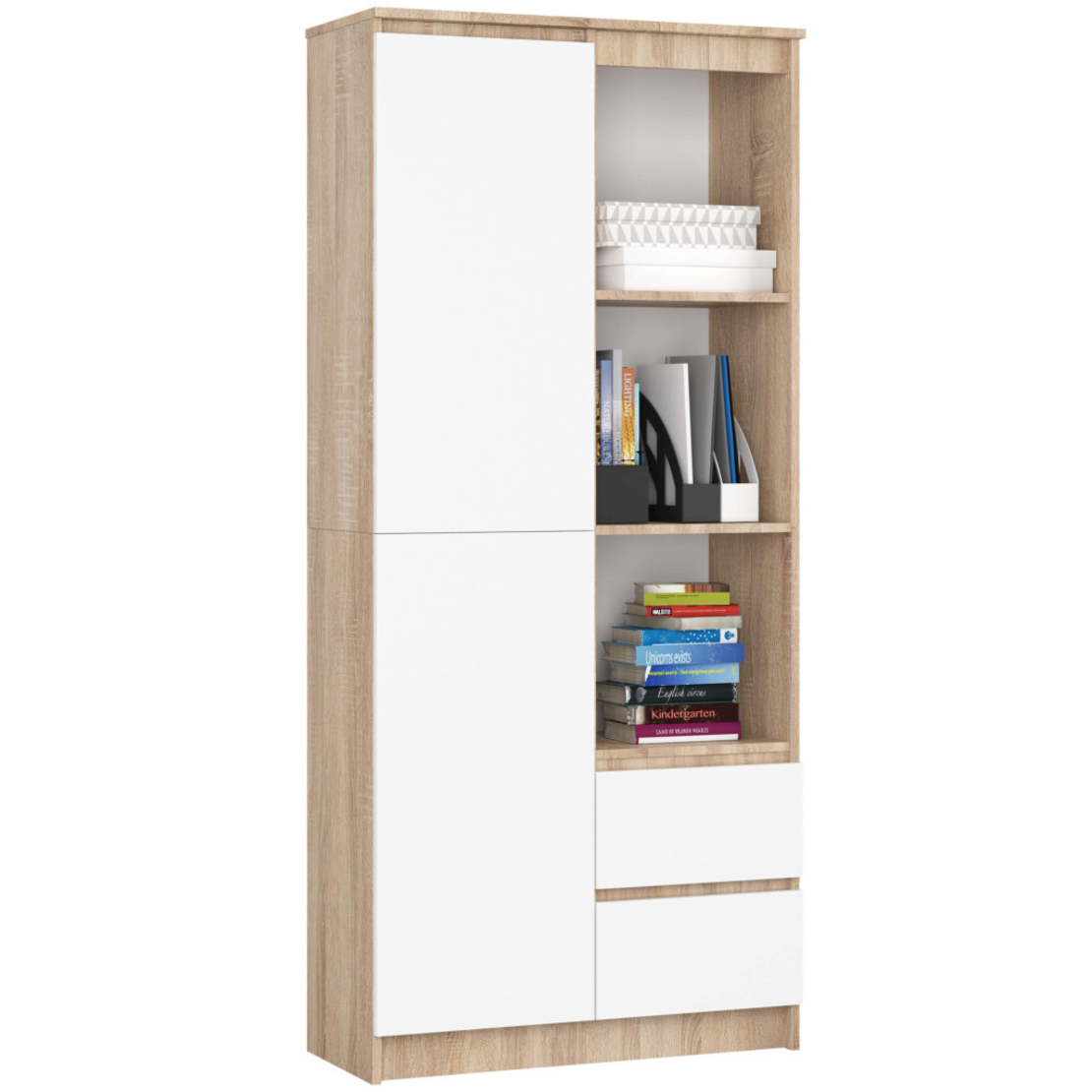 Dulap cu usa, 2 sertare si 7 rafturi, PAL laminat 16 mm, 80x35x180 cm, sonoma si alb