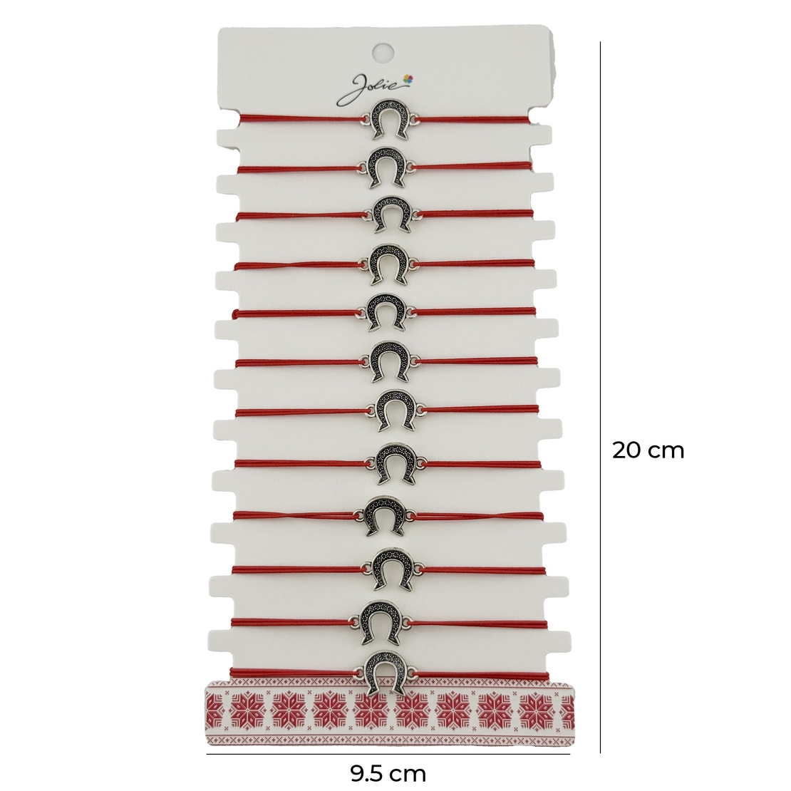 Bratara Martisor pentru Dama, Jolie, Model Potcoava, Set 12 bucati, Pandativ Argintiu din Inox cu Snur Rosu Ajustabil