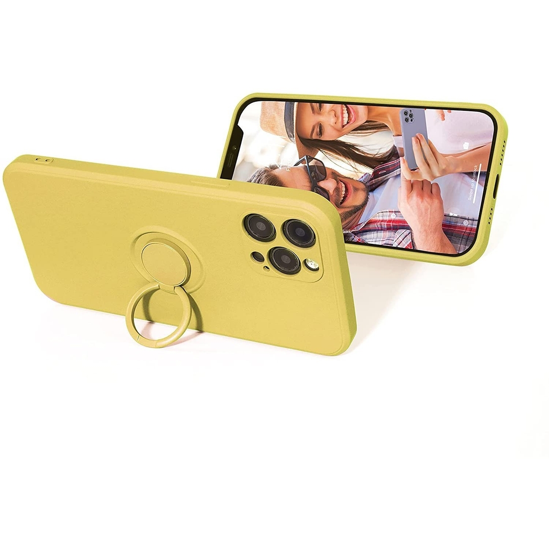 Husa protectie Vafy compatibila cu Apple iPhone 12 Pro Liquid Silicone Ring cu suport rotativ Galben