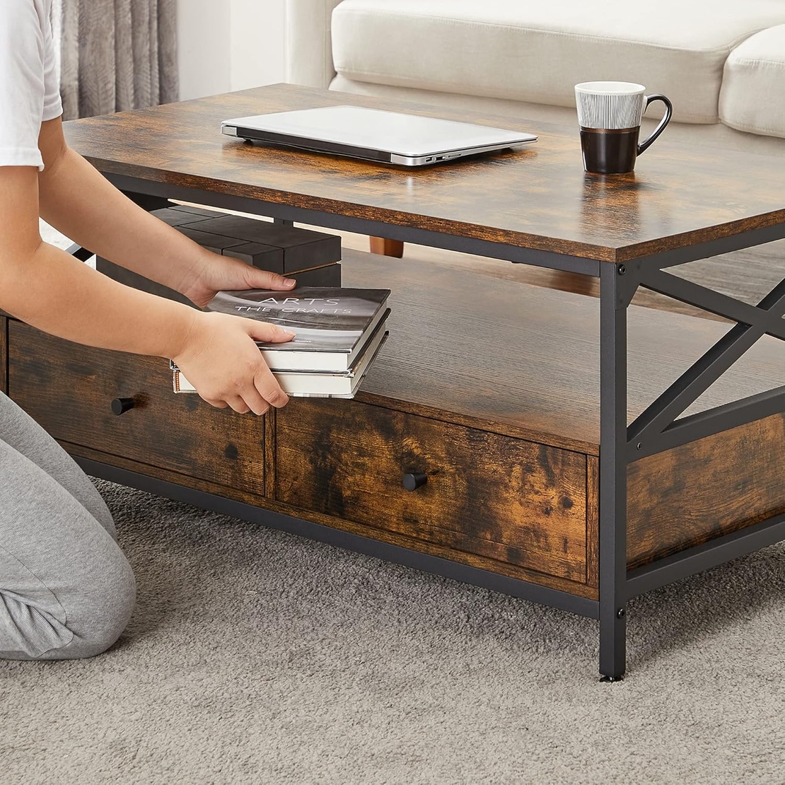 VASAGLE Masuta cafea cu 2 sertare si compartiment deschis, structura metalica, stil industrial, 100x55x45 cm, maro rustic