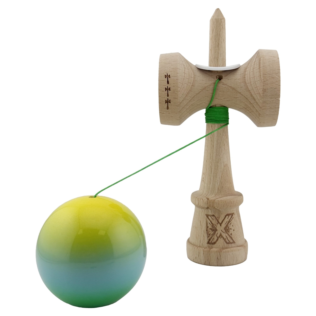 Kendama X Originala, Profesionala, Flippy, Super Sticky cu Cupe Mari KING SIZE V3, Gaura in Baza, Rulment Metalic, din lemn 18 cm, Ata 62/65 cm, Gradient Galben/Albastru/Verde