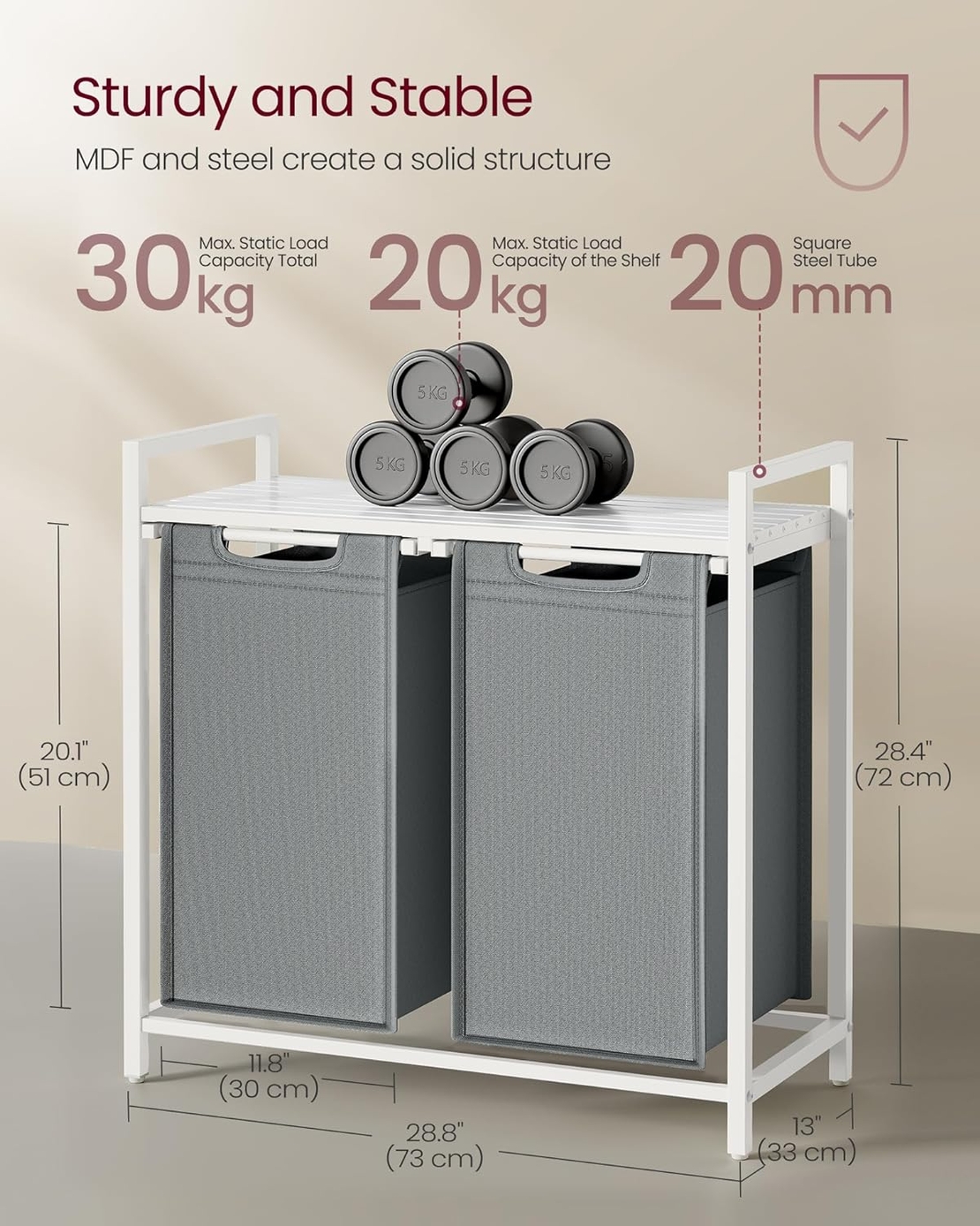 VASAGLE Cos de rufe, 2 compartimente, saci de rufe detasabili, raft, cadru metalic, 2x46L, 73x33x72 cm, alb si gri deschis