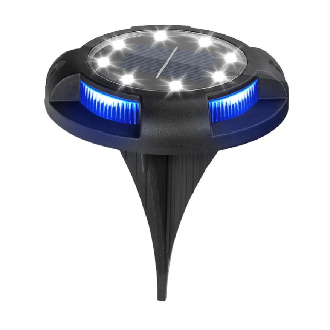 Lampa solara LED tip spot pentru gradina Flippy, cu 4 leduri laterale multicolore si 8 leduri principale alb rece, IP65, material ABS, baterie 2V, 700 mah, 11x13.5 cm, multicolor