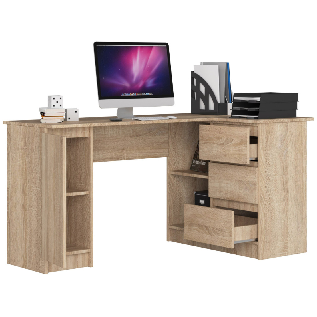 Birou colt dreapta in L cu 3 sertare si rafturi, PAL laminat 16 mm, 155x85x77 cm, stejar sonoma