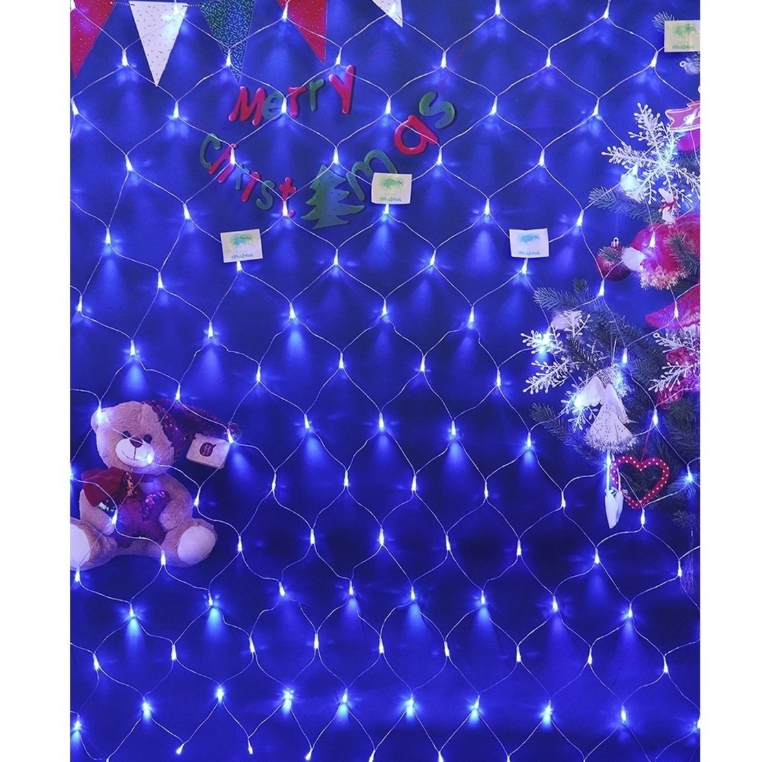 Instalatie Craciun, Tip Plasa, IP 44, 8 x 1 m, 320 LED-uri, Albastru, 8 jocuri de lumini, Transformator fara telecomanda, Interconectabila, Prelungitor 3 m inclus, Fir transparent, Vafy