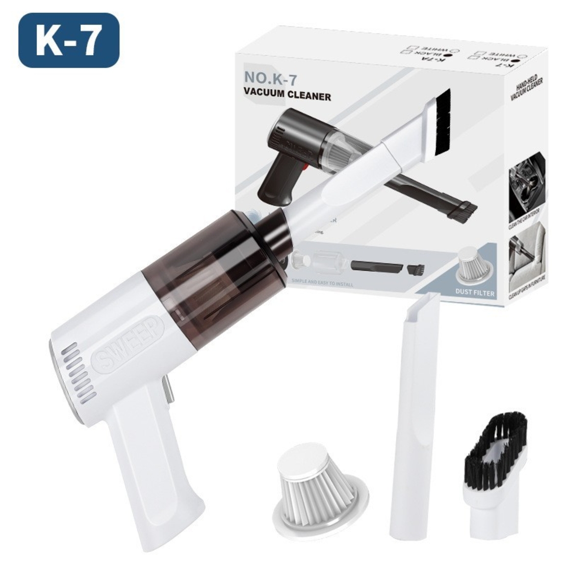 Aspirator Portabil Fara Fir, Flippy, Tip Pistol K7, Pentru Casa si Masina, Incarcare USB, Autonomie 30 Min, 36 x 17 cm, Alb