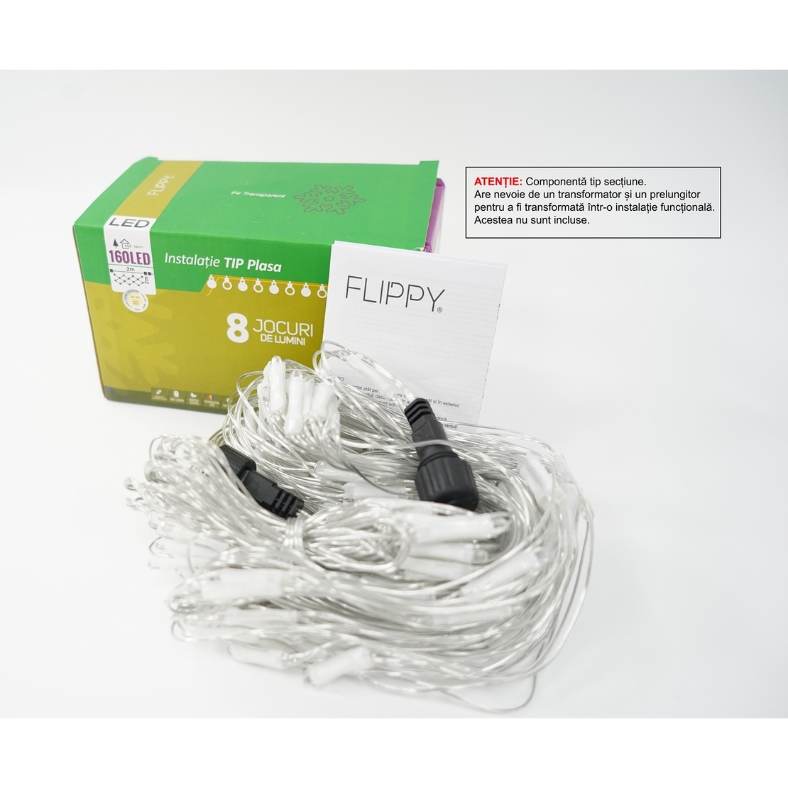 Sectiune Instalatie de Craciun Vafy, Tip Plasa, 160 LED-uri, 2 m x 2 m, 8 jocuri de lumini, Interconectabila, Fir transparent, Alb cald