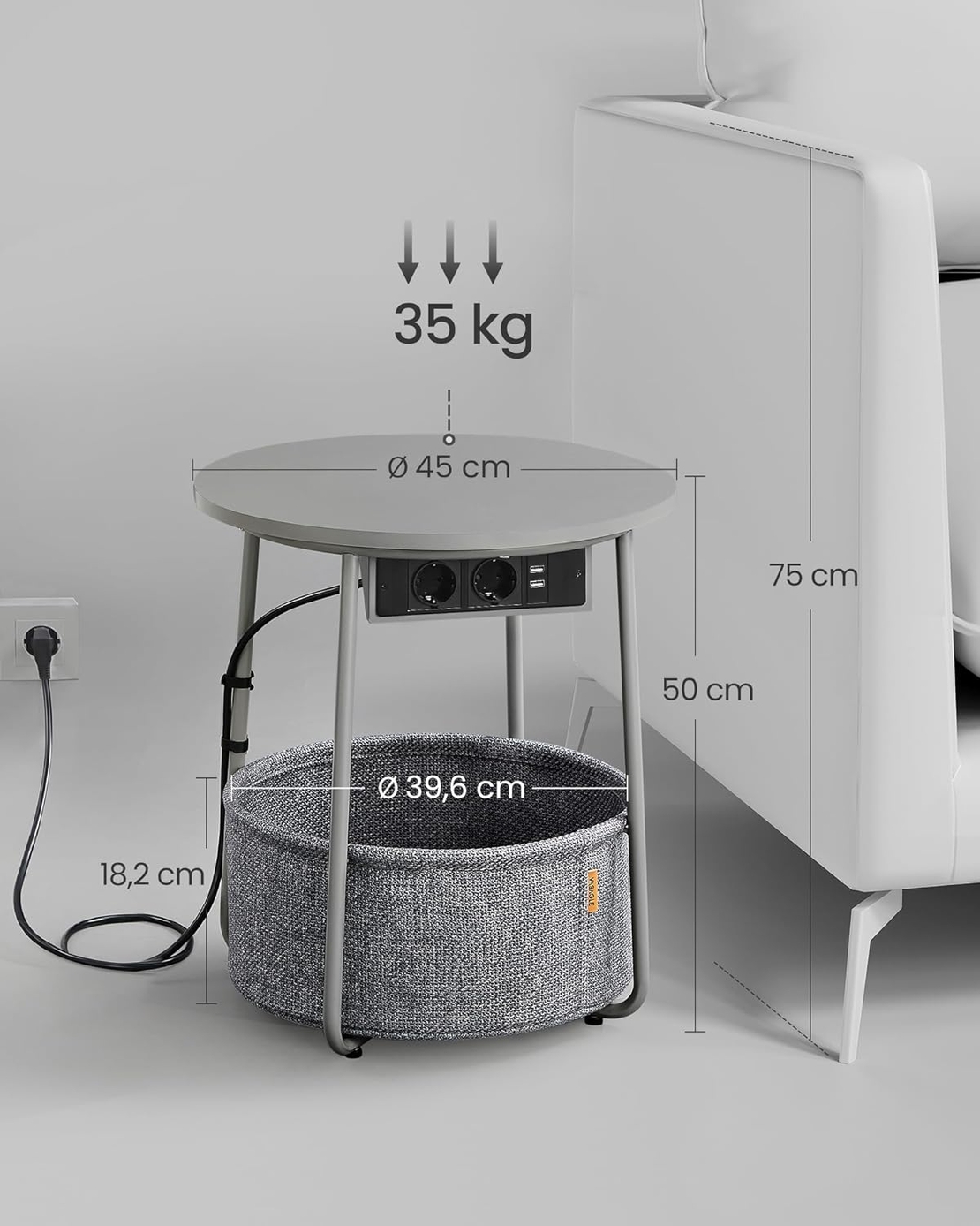 VASAGLE Masuta de cafea rotunda cu cos de stofa, statie de incarcare 2 prize si 2 USB, 45x50cm, gri argintiu