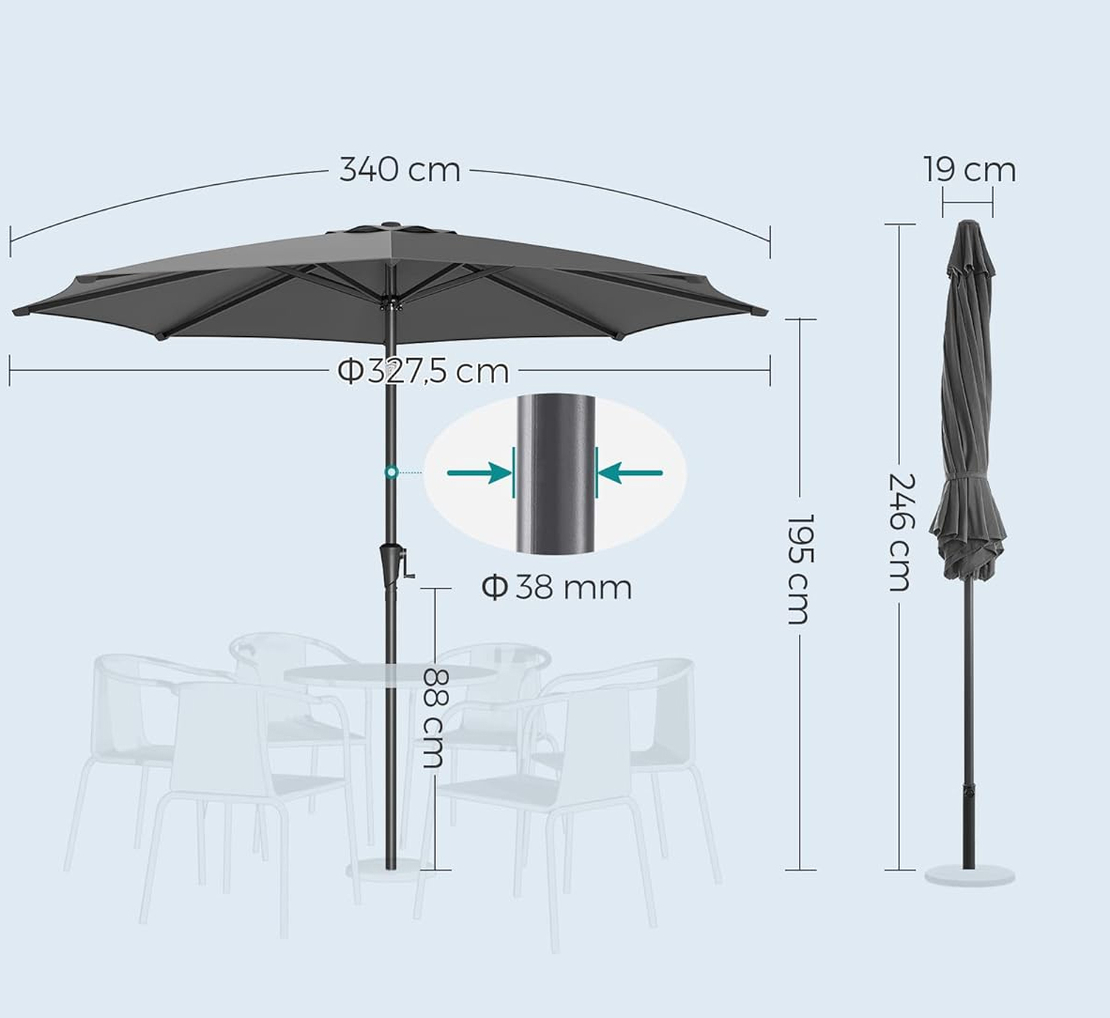 SONGMICS Umbrela de gradina cu manivela, 330 cm, UPF 50+, inclinare 30°, structura metalica cu 8 spite, gri