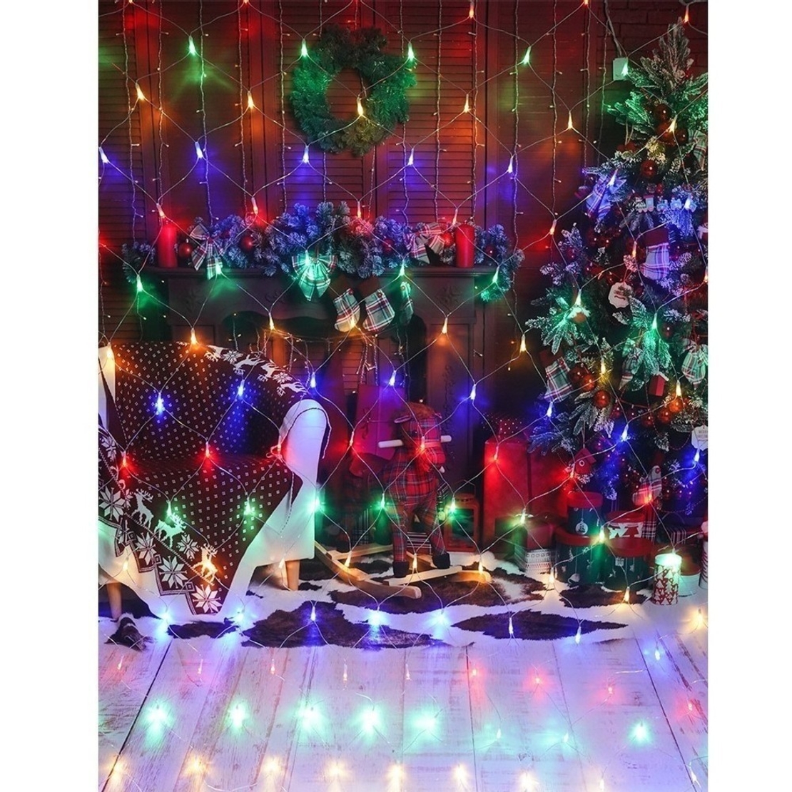 Instalatie Craciun, Tip Plasa, IP 44, 2 x 1 m, 80 LED-uri, Multicolor, 8 jocuri de lumini, Transformator cu telecomanda, Interconectabila, Prelungitor 3 m inclus, Fir transparent, Vafy