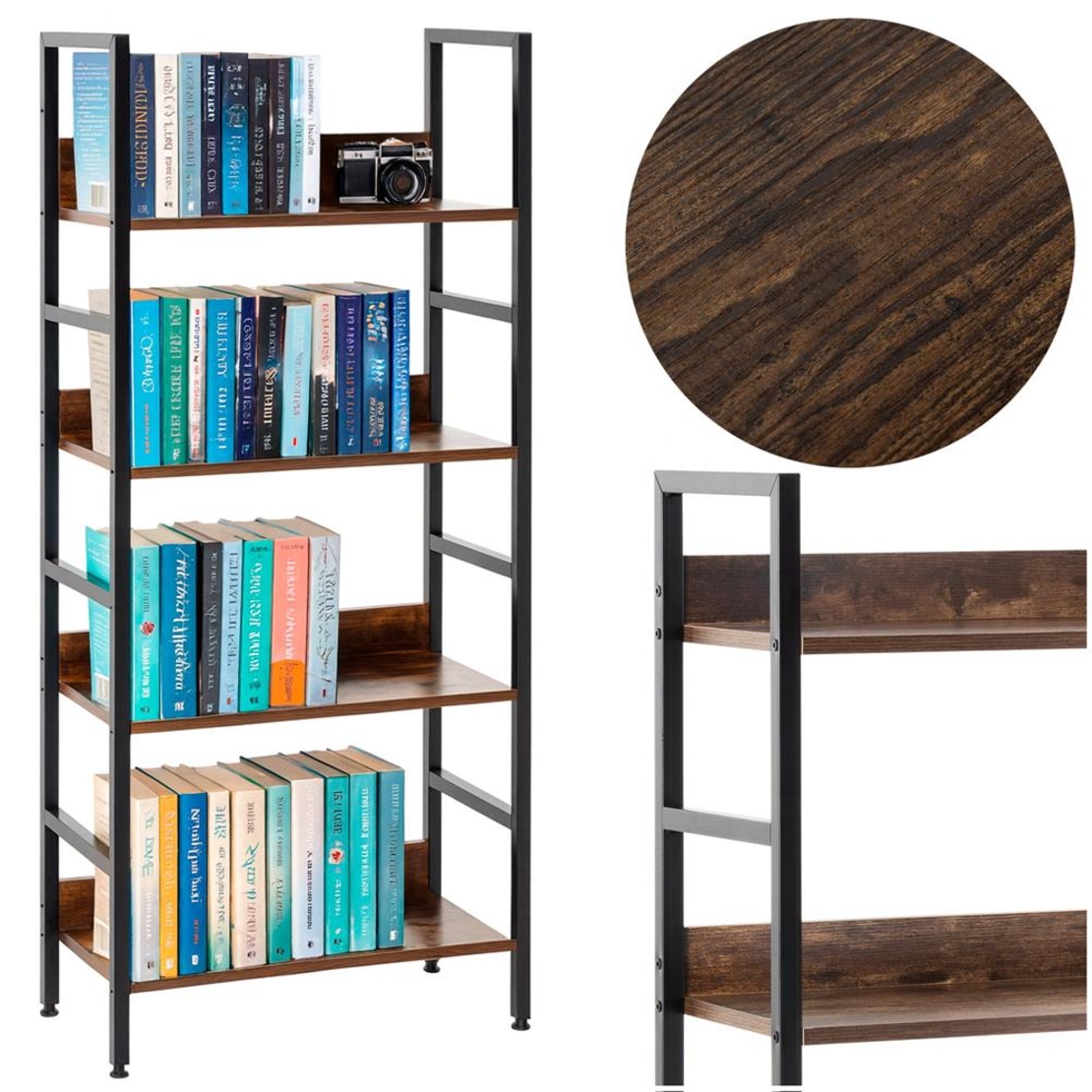 Etajera cu 4 polite din MDF si cadru metalic, stil industrial, 60x28x124.5 cm, maro inchis si negru