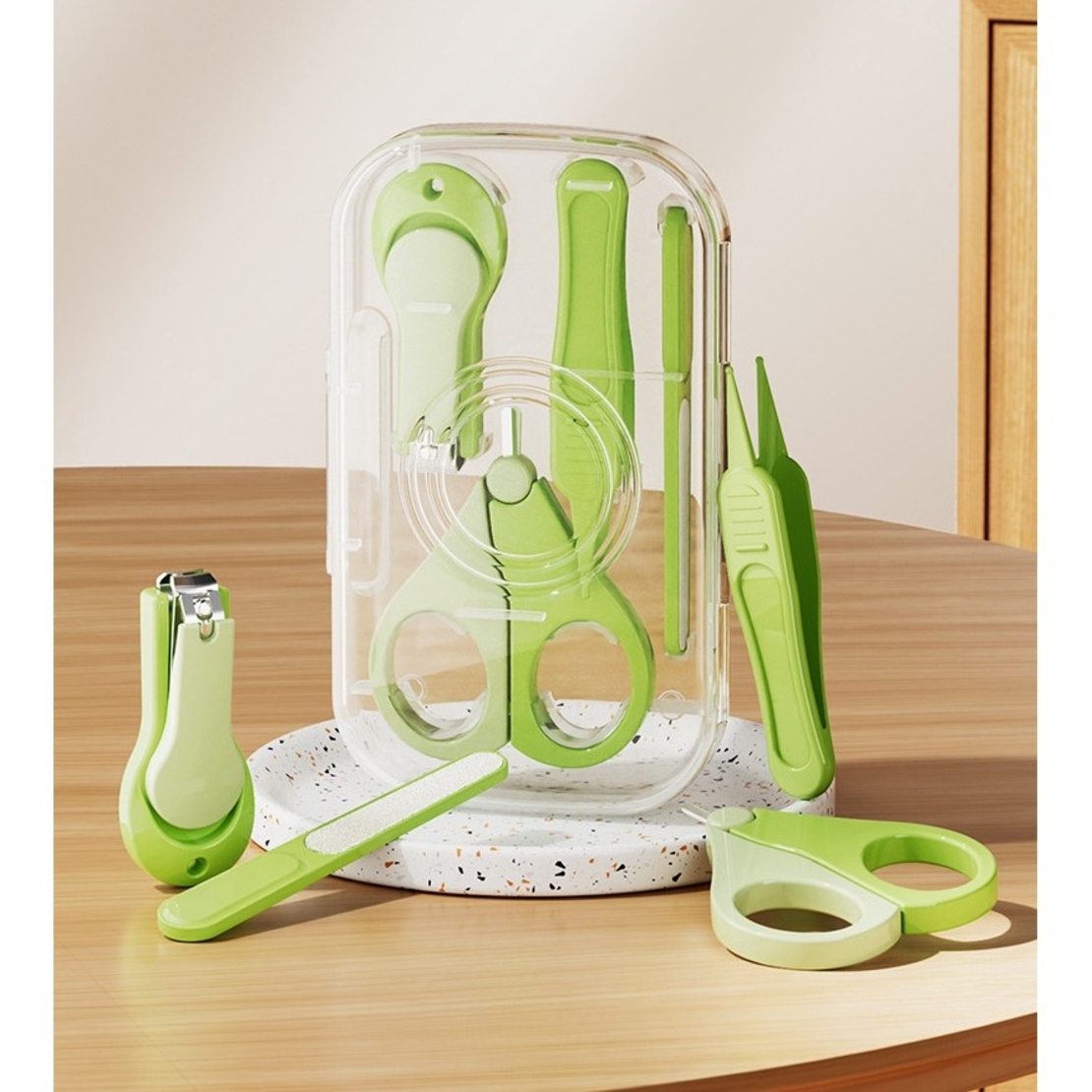 Set 4in1 de Ingrijire Unghii pentru Bebelusi, Flippy, Cutie de Depozitare Texturata, 0-6 Ani, 13.6x8x2 cm, Verde