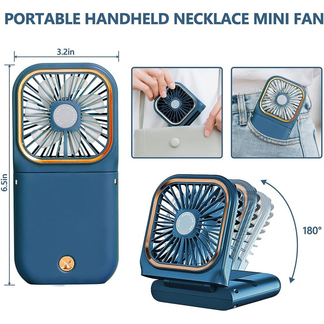Ventilator Portabil Vafy, 3 in 1, de Mana, de Gat, de Birou, 16.7 x 8 x 1.9 cm, 3 Trepte de Viteza, Incarcare USB, Pliabil, Afisaj Digital, Suport Telefon, Albastru