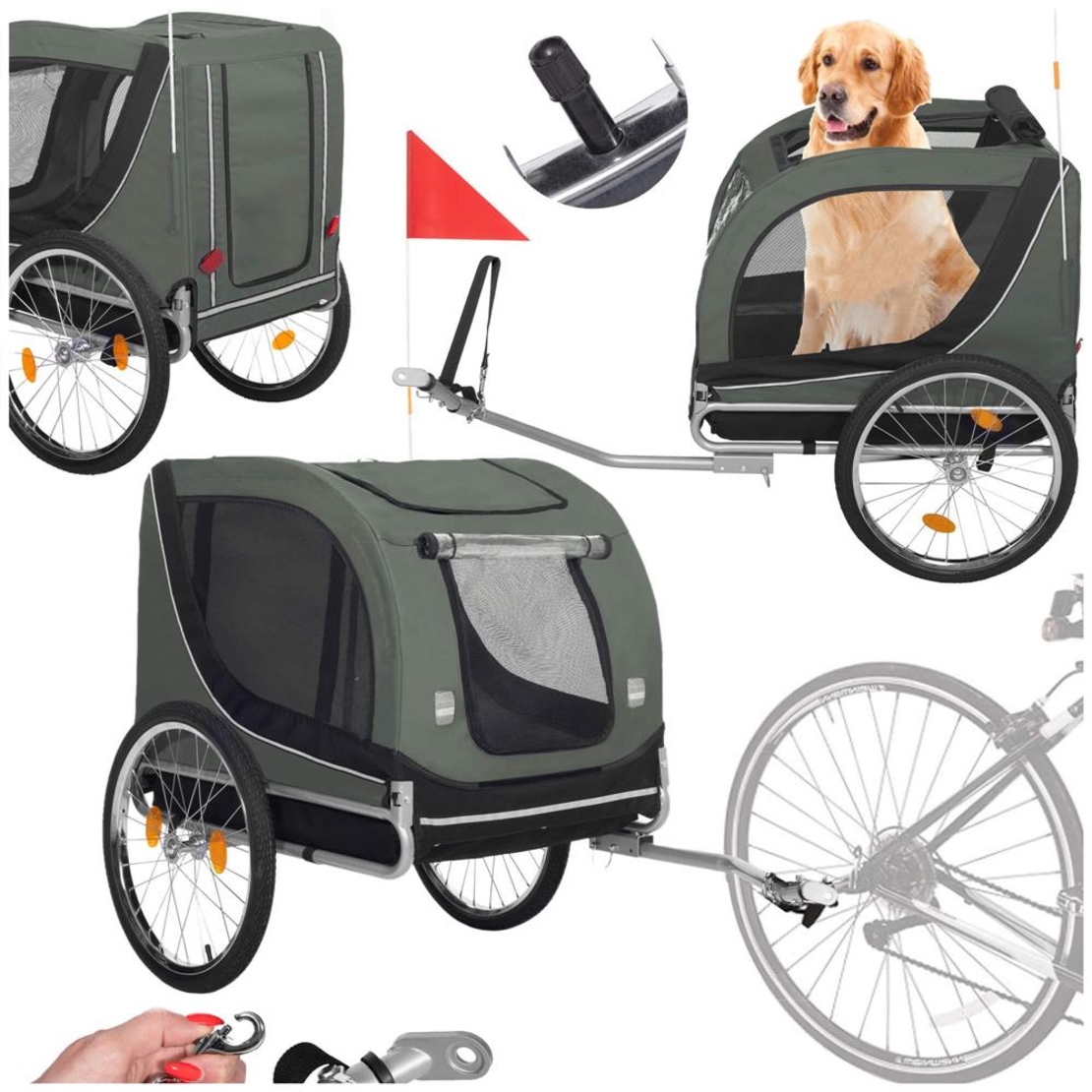 Remorca bicicleta pentru transport animale, cu acoperis impermeabil, maxim 40 kg, verde si negru