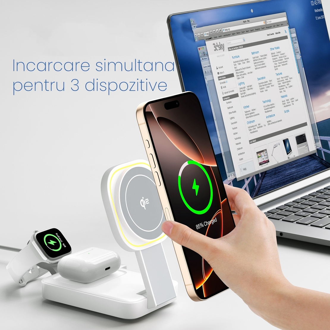 Statie de Incarcare MagSafe 3 in 1, Flippy, Magnetica Wireles Charger, Compatibil cu Apple iPhone, iWatch, AirPods, New Design, Max 23W, 11 x 6.5 x 2.9 cm Alb Ivory