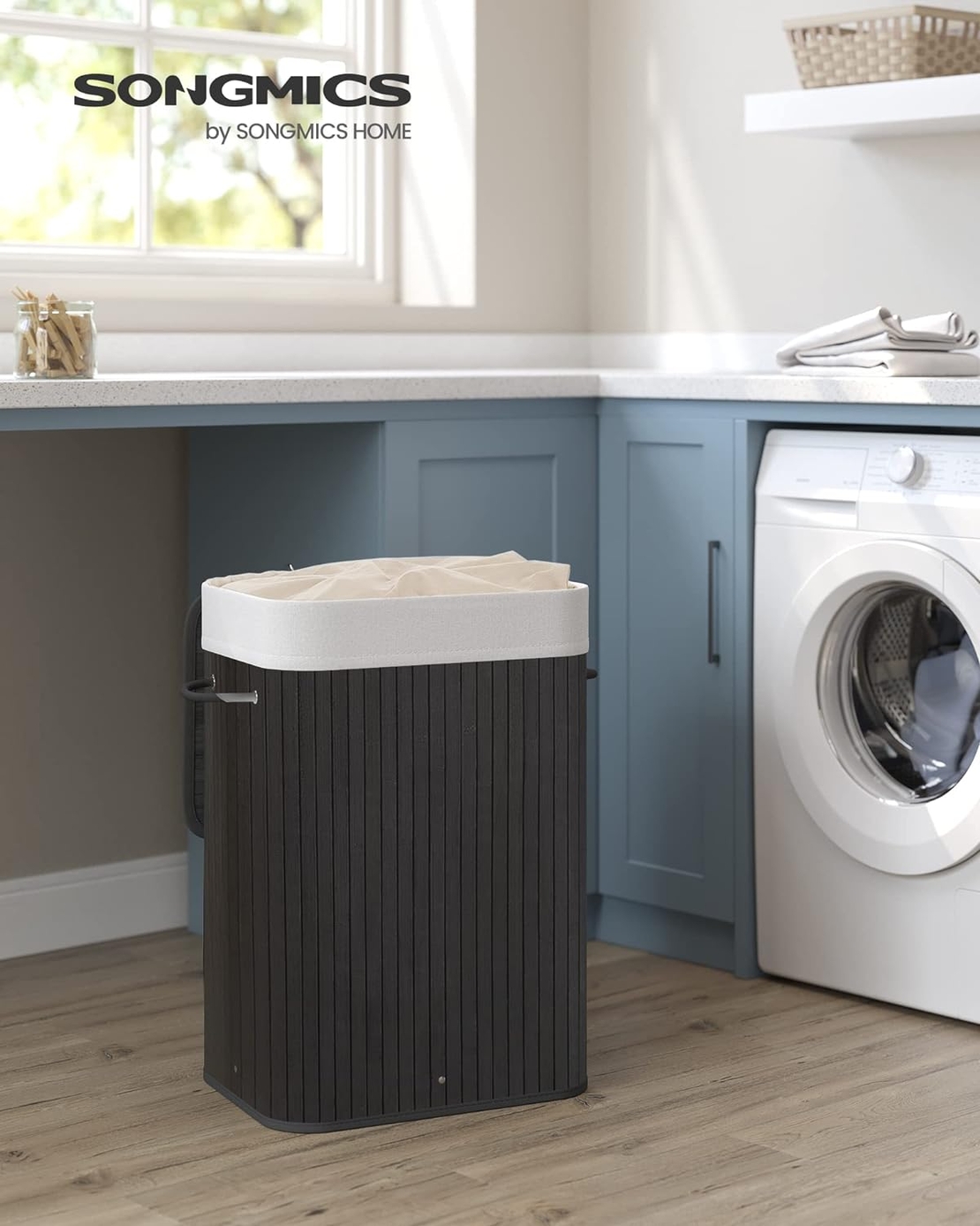 SONGMICS Cos de rufe din bambus, pliabil, cu captuseala detasabila lavabila, 72L, 40x30x60cm, negru