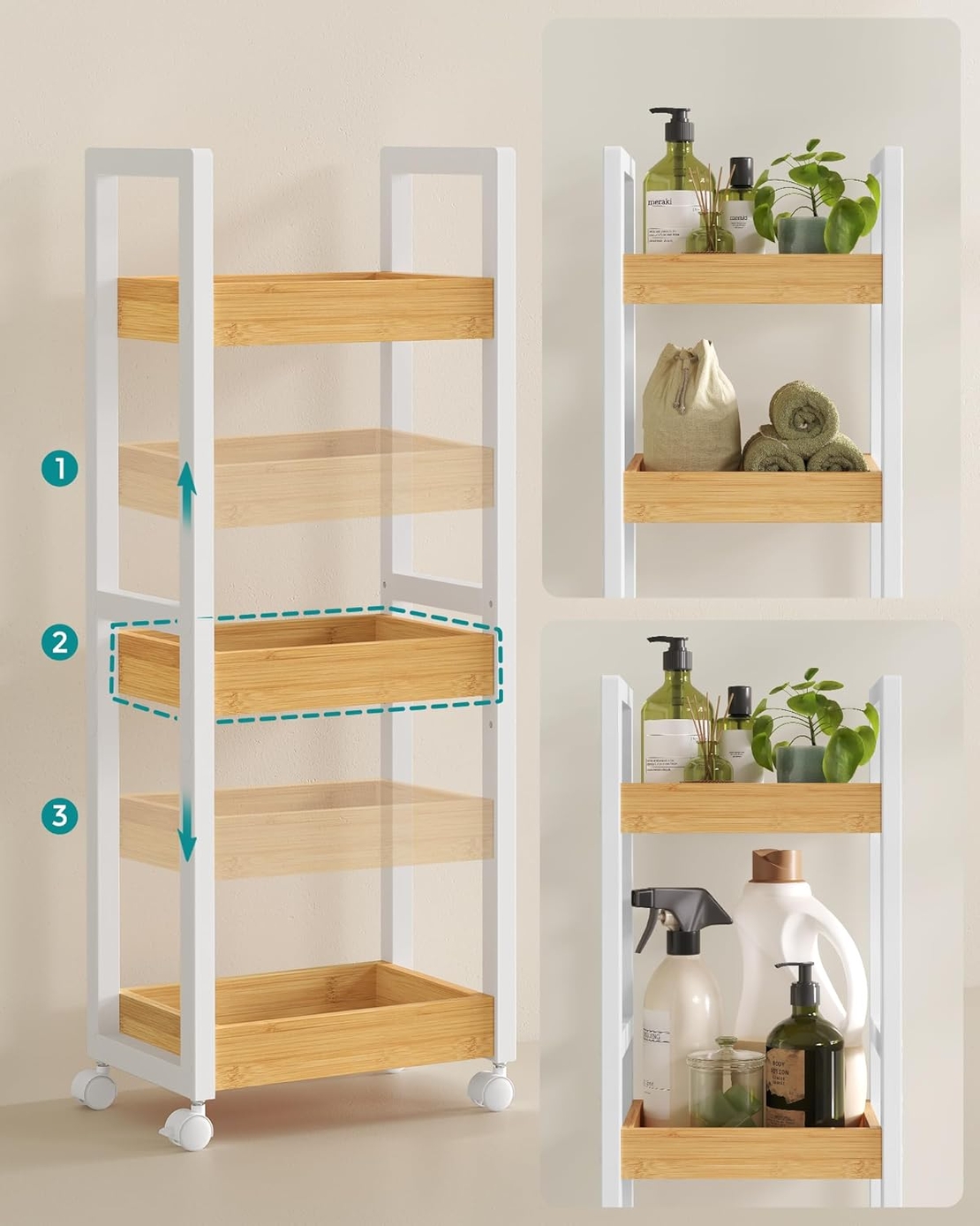 SONGMICS Carucior de baie, raft ingust cu roti, bambus si MDF, 20x30x80 cm, alb si maro natur