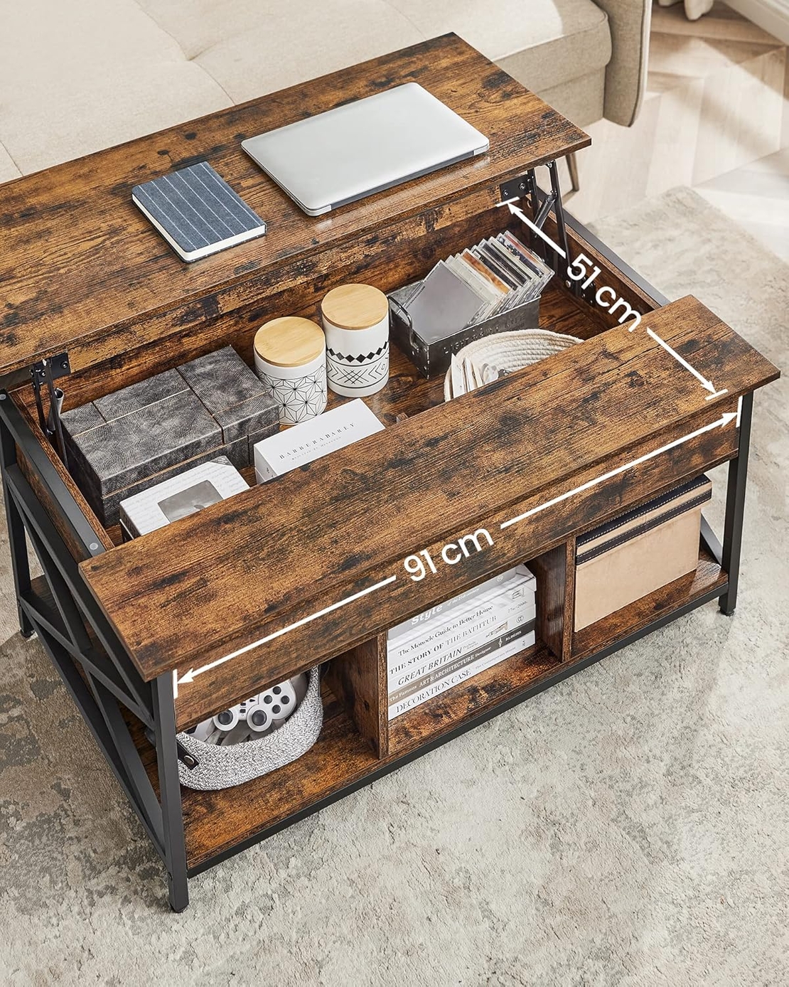 VASAGLE Masa de cafea cu inaltime reglabila, spatiu de depozitare ascuns, 60x100x(48-62) cm, maro rustic