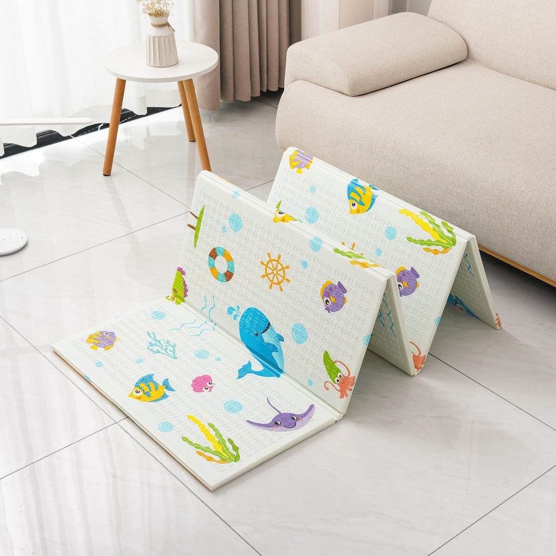 Covoras pentru Copii, Flippy, cu 2 Fete, Model Animale Marine/Exotice, din XPE+PE, Impermeabil, Antiderapant, Protectie Termica, +3 Luni, Pliabil, 150 x 200 x 1.5 cm, Multicolor
