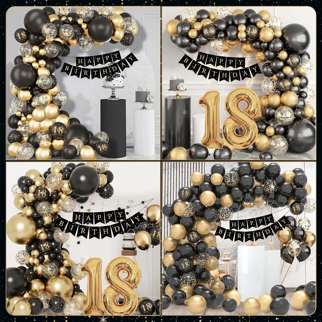 Set Baloane Folie si Latex, Flippy, Tematica Aniversare Majorat, Baloane Latex, Figurine Cifrele 1 si 8, Ambalaj Individual, Pai Inclus, Umflare cu Aer sau Heliu, Auriu Negru