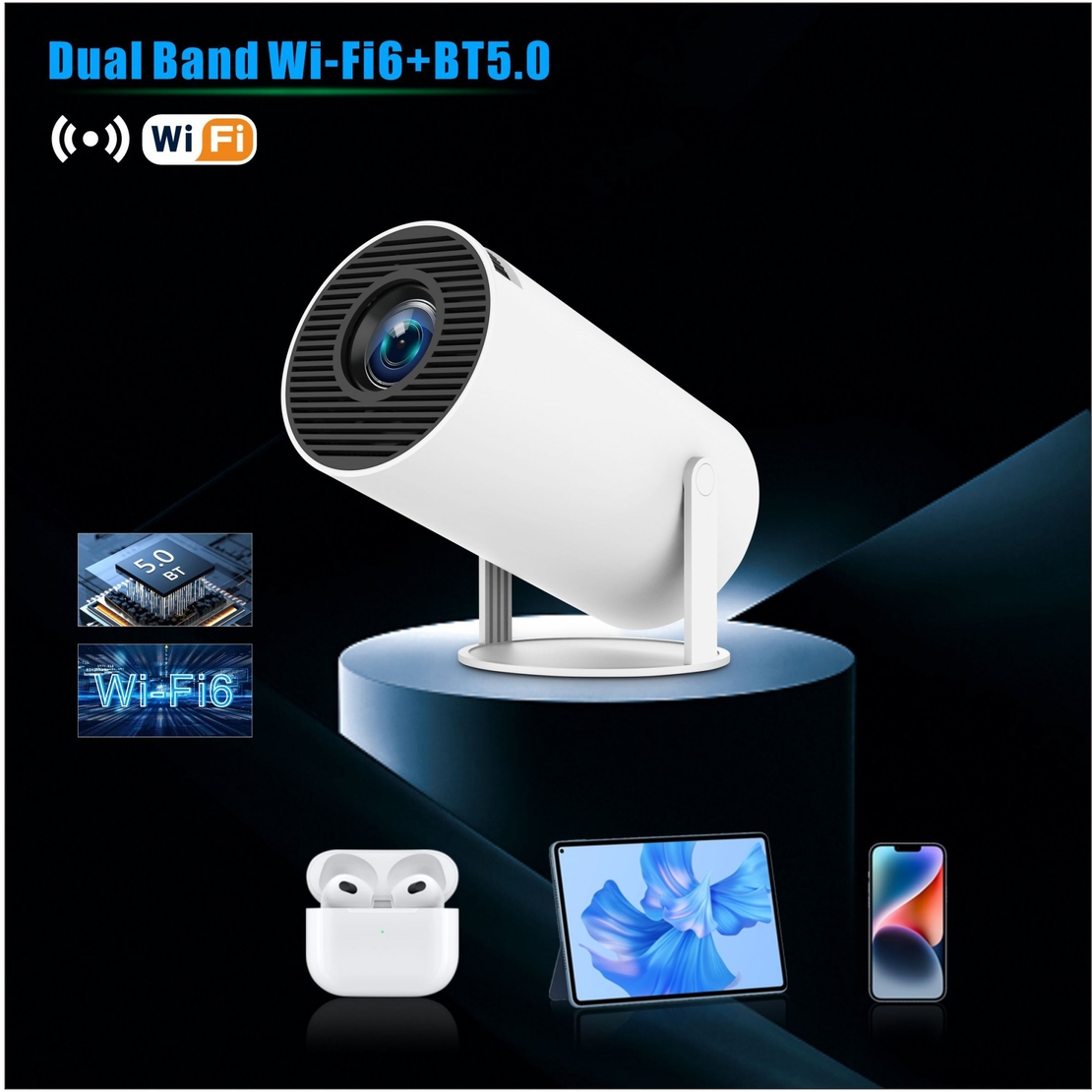 Video Proiector Portabil cilindric HY300PRO, Flippy, Inteligent, Full HD 1080 x 1280, Wireless, Compatibil cu Android/iOS, 17 x 10 x 9 cm, Alb