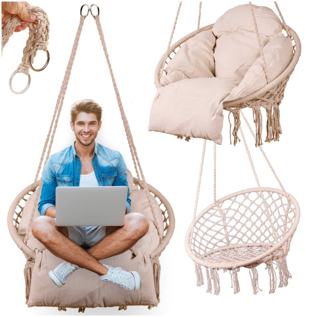 Scaun rotund tip leagan suspendat cu perna Confort Plus, casa sau gradina, ecru