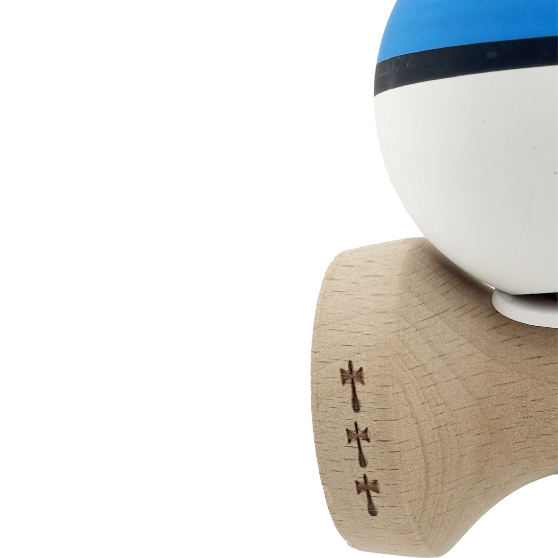 Kendama X Originala, Profesionala, Flippy, Cupe Mari KING SIZE V3, Rubber Grip, Gaura in Baza, Rulment Metalic, din lemn 18 cm, Ata 62/65 cm, S Bicolor Albastru/Alb