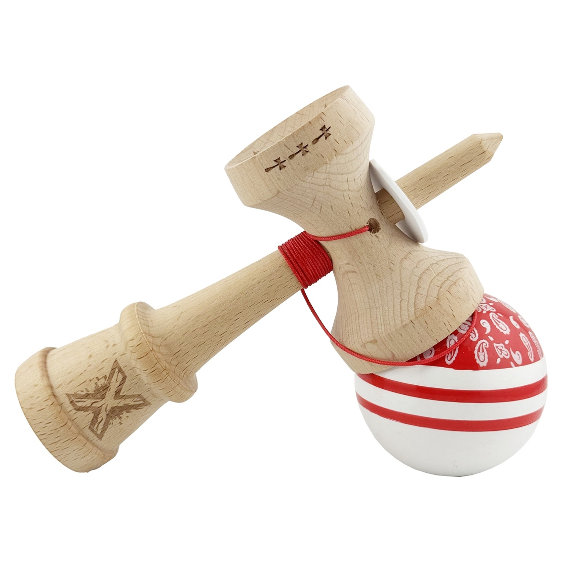 Kendama X Originala CHICANOS, Profesionala, Flippy, Cupe Mari KING SIZE V3, Super Sticky, Gaura in Baza, Rulment Metalic, din lemn 18 cm, Ata 62/65 cm, Rosu/Alb