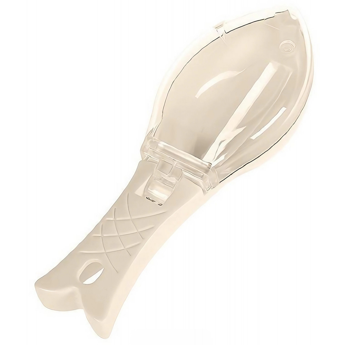 Curatator Manual Solzi de Peste, Flippy, Forma Peste , Recipient cu Capcac pentru Solzi, Plastic, Roz pal, 16x6 cm