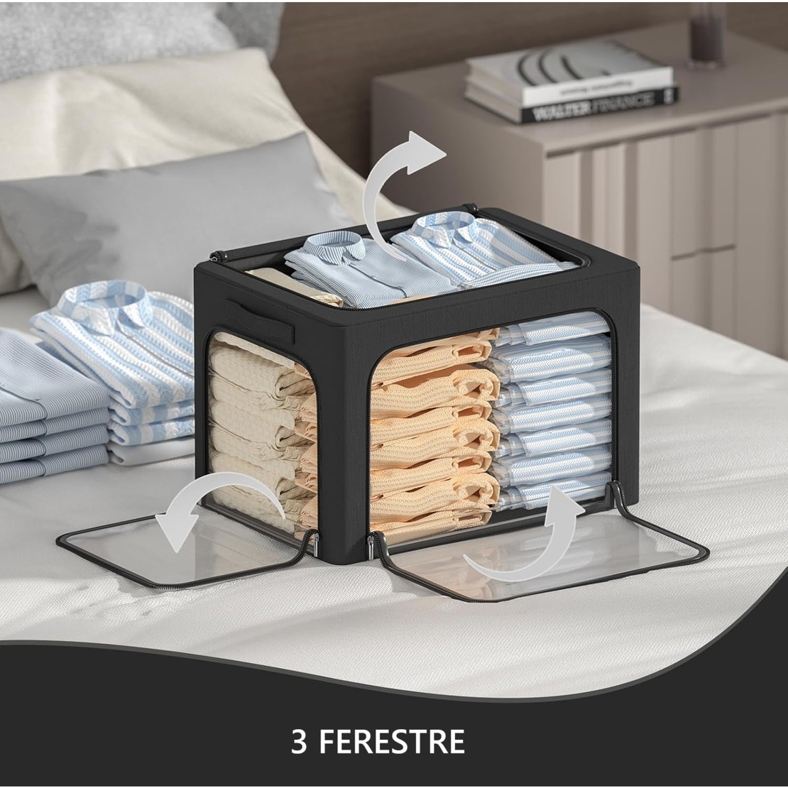 Cutie de Depozitare, Vafy, cu 3 Ferestre cu Fermoar Bidirectional, Cadru din Otel, Impermeabil, 38L, 42 x 30 x 30 cm, Negru