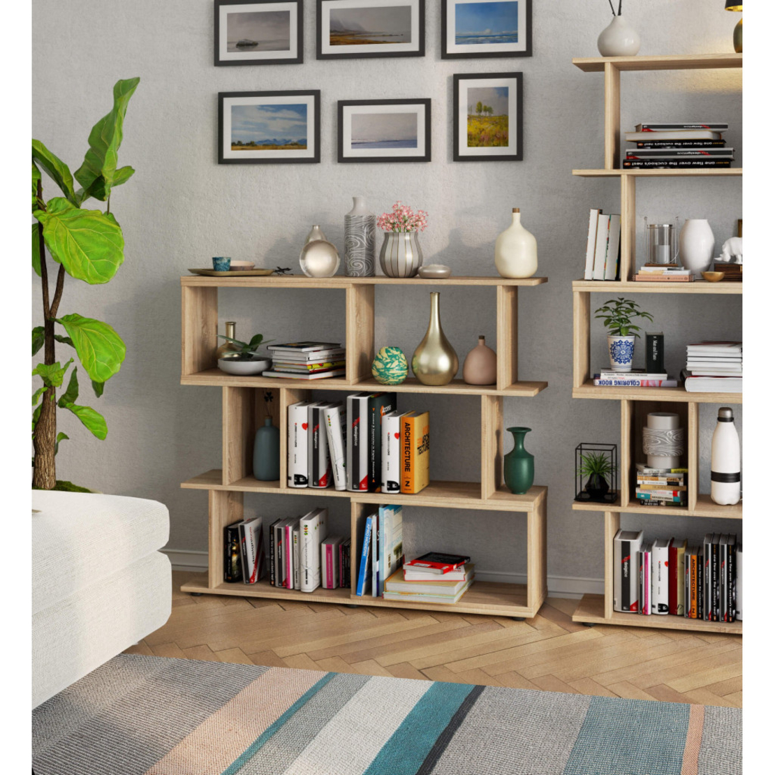 Etajera modulara cu 6 rafturi pentru depozitare, PAL laminat 16 mm, 120x28x108 cm, stejar sonoma