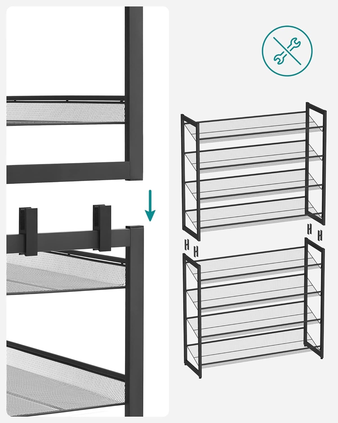 SONGMICS Raft pentru pantofi suprapozabil, pe 8 nivele, din metal, cu rafturi reglabile, pentru 32-40 perechi, 31x 92x163cm, negru
