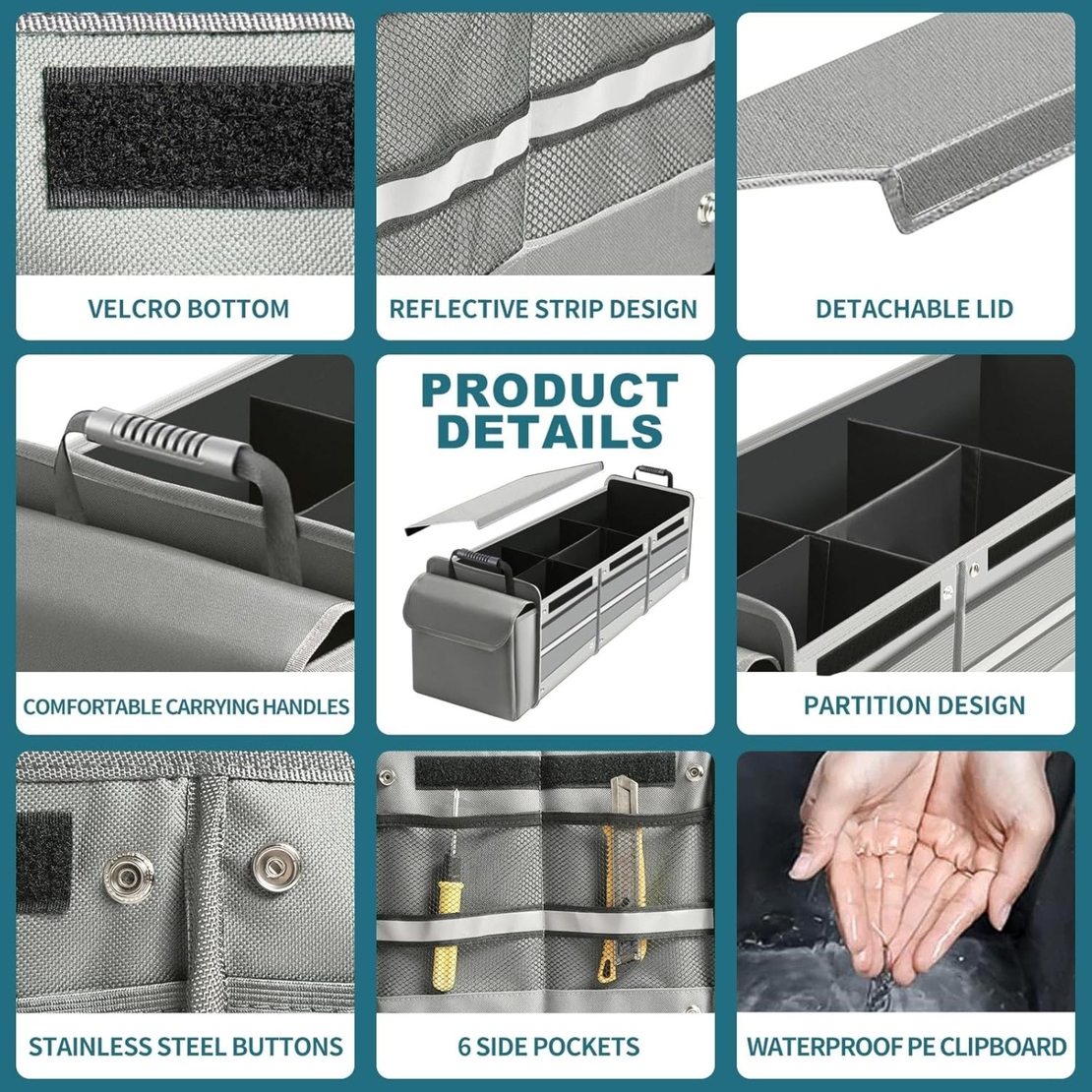 Organizator Auto pentru Portbagaj, Flippy, Model Pliabil, din Panza, cu Geanta Termoizolanta Detasabila, 3 Compartimente, Curele Ajustabile, 90 x 35 x 30 cm, Gri