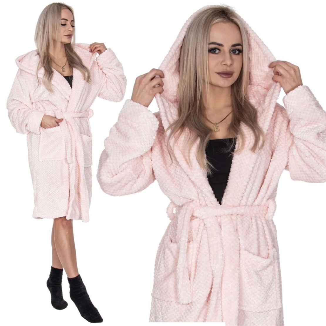 Halat de baie pentru femei pana la genunchi, cu gluga, marimea L/XL, roz