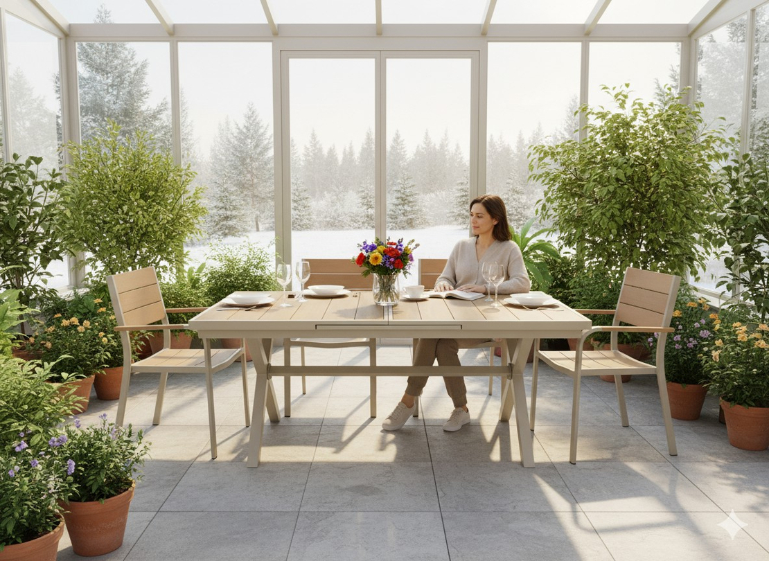 Masa gradina extensibila 180-240 cm din aluminiu cu blat aspect lemn, 180-240x90x76 cm, bej