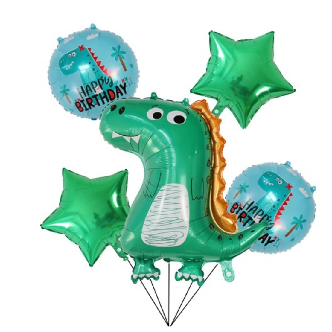 Set 5 Baloane folie de aluminiu, Flippy, Figurina Dinozaur, pentru aniversare HAPYY BIRTHDAY, Stelute Verzi si Baloane Albastre, 50 - 70 cm