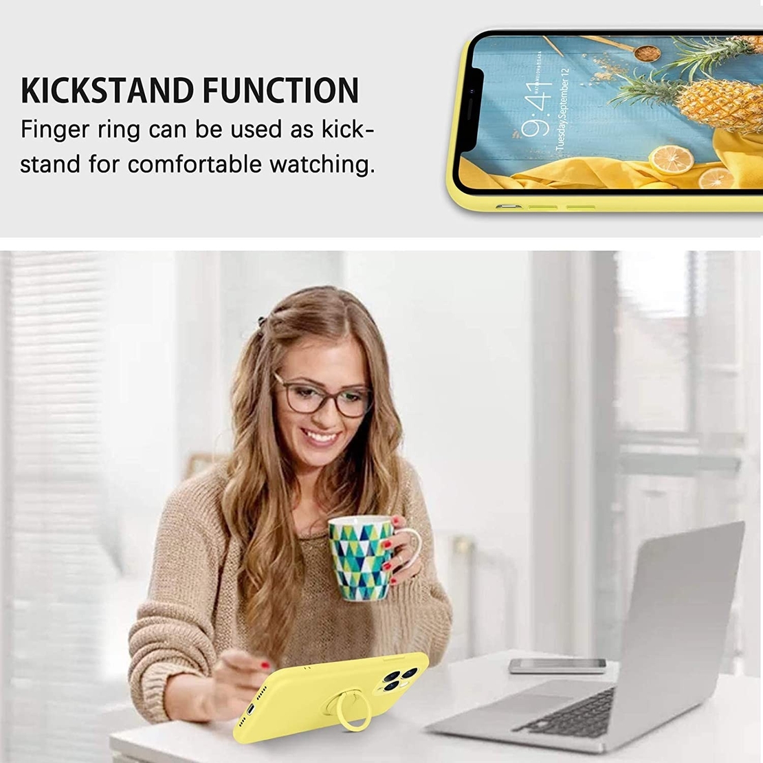 Husa protectie Vafy compatibila cu Huawei P30 Lite Liquid Silicone Ring cu suport rotativ Galben