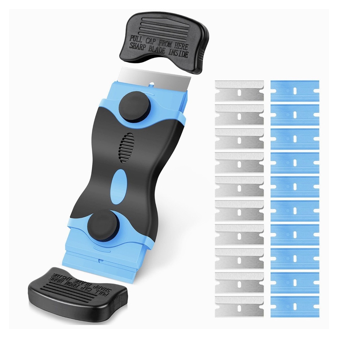 Racleta Multifunctionala pentru Curatare Sticla si Ceramica, Flippy, Design Ergonomic, Maner Anti-alunecare, Include 20 de Lame de Schimb, 12,5 x 4,5 cm, Albastru