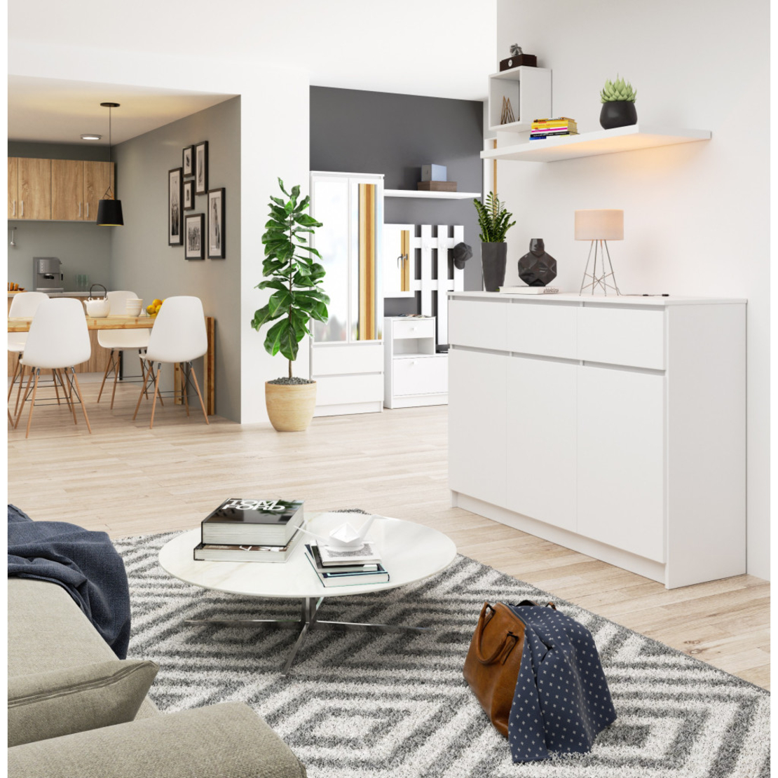 Comoda cu 3 usi si 3 sertare, PAL laminat, 138x40x99 cm, alb mat