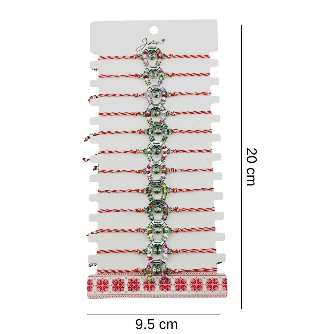 Bratara Martisor pentru Dama, Jolie, Model Potcoava, Set 12 bucati, Pandativ Argintiu din Inox cu Snur Alb-Rosu Ajustabil