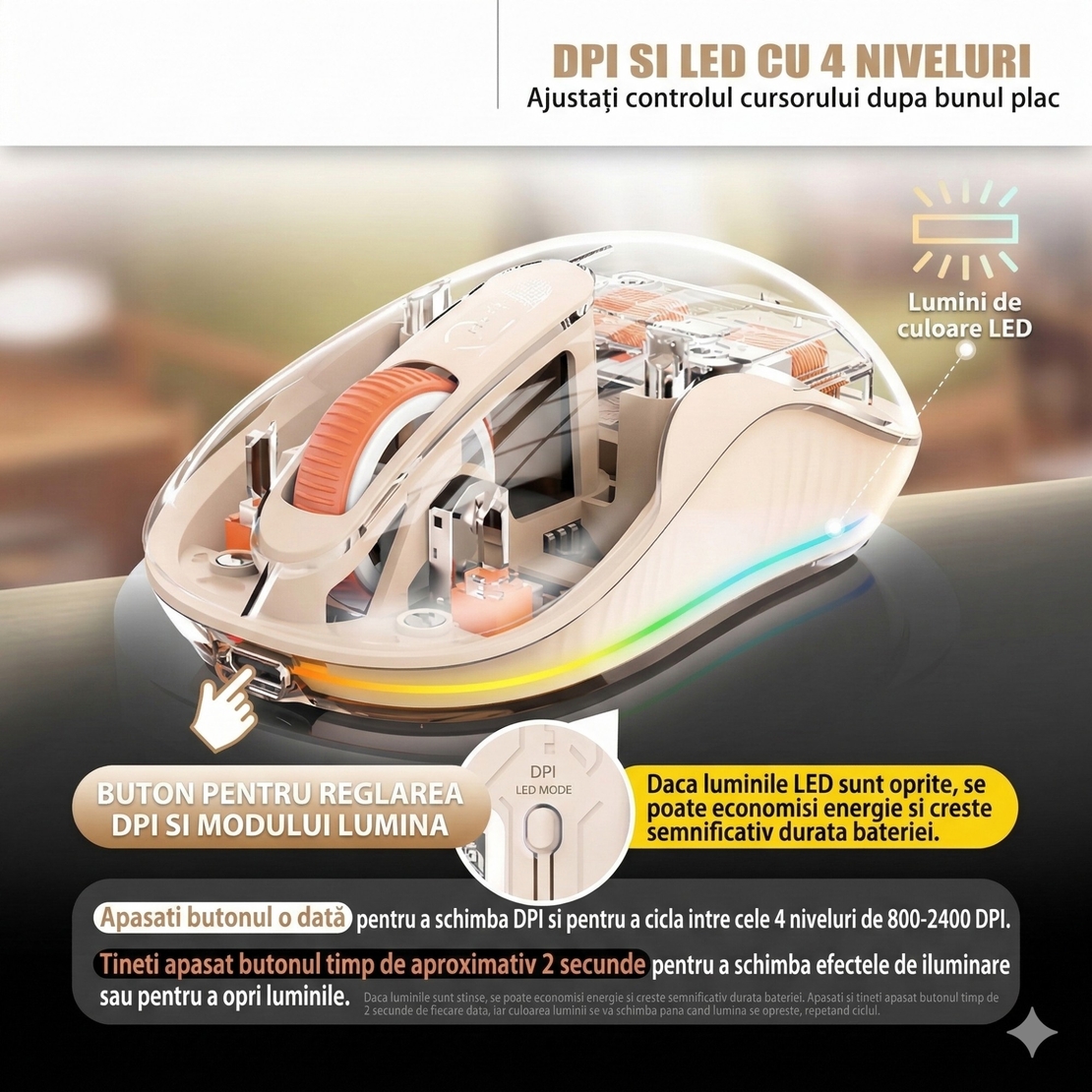 Mouse Wireless, Vafy, Dual Bluetooth, 2.4 GHz, Multi Device, USB-C, 4 Niveluri DPI 800-2400, Reincarcabil, Iluminare LED, Compatibil MacBook/iPad/Laptop, 10 x 6 cm, Crem