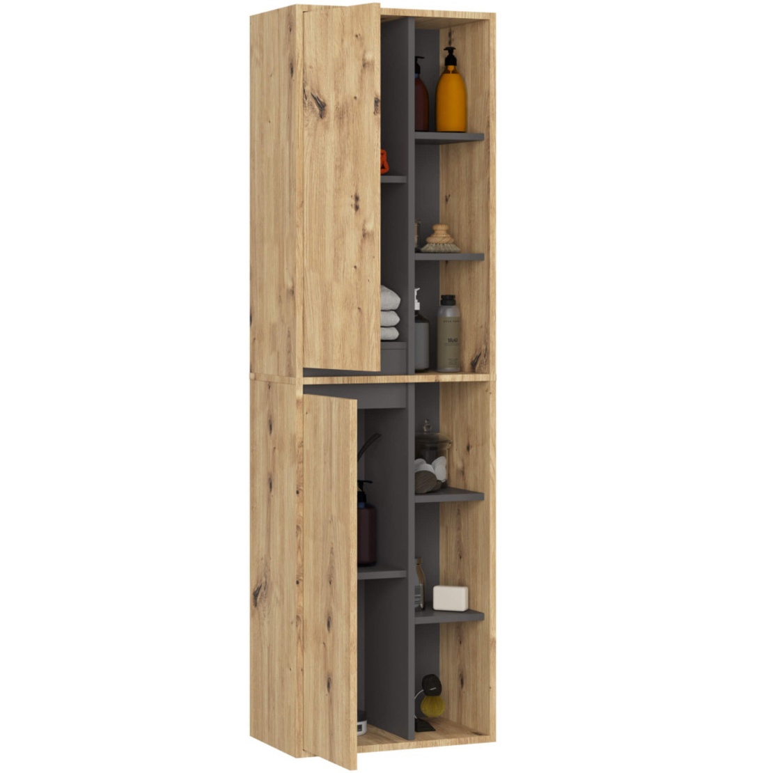 Dulap de baie suspendat cu 2 usi si 6 rafturi, PAL 16 mm, 50x30x170 cm, stejar artisan si gri