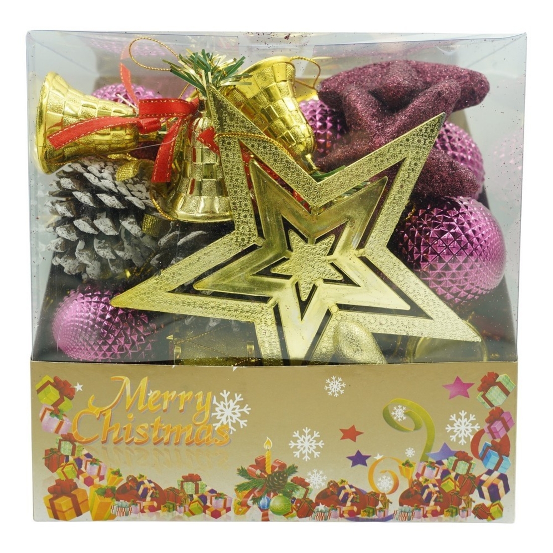 Set de 50 ornamente de brad, Flippy, de tip Glob, Rosu/ Auriu, din plastic, cu finisaj sclipitor , cutie 18 cm lungime x 12 cm adancime x 18 cm inaltime