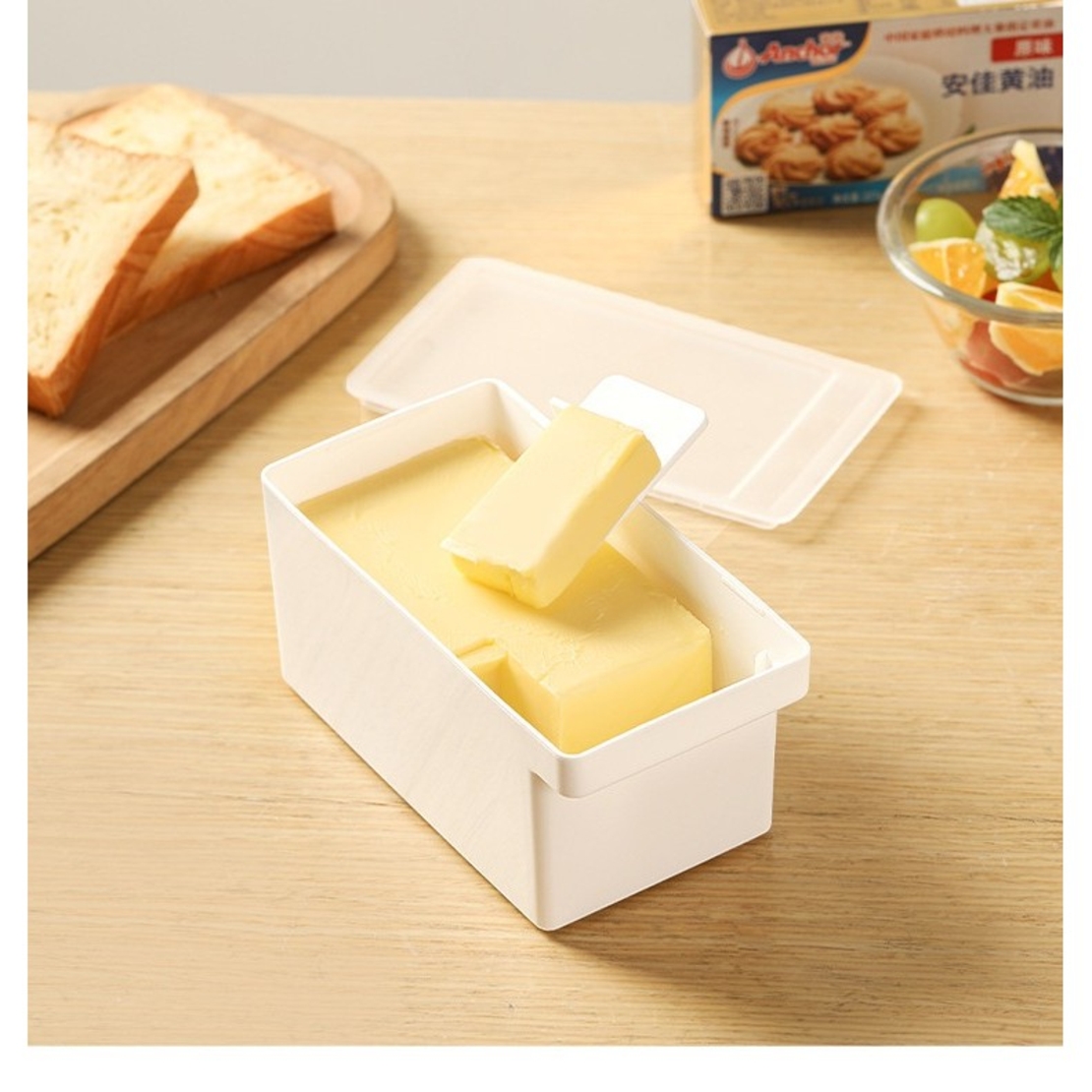Cutie de Unt, Vafy, cu Capac, Multifunctionala, cu Spatula Portionare, 15.9 x 8.8 x 4.9 cm, Alb