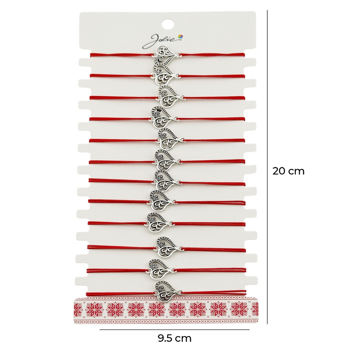 Martisor Bratara Elastica cu Pandantiv din Inox, Jolie, pentru Dama, Set 12 bucati, Snur Rosu Textil, Model Inima Eleganta