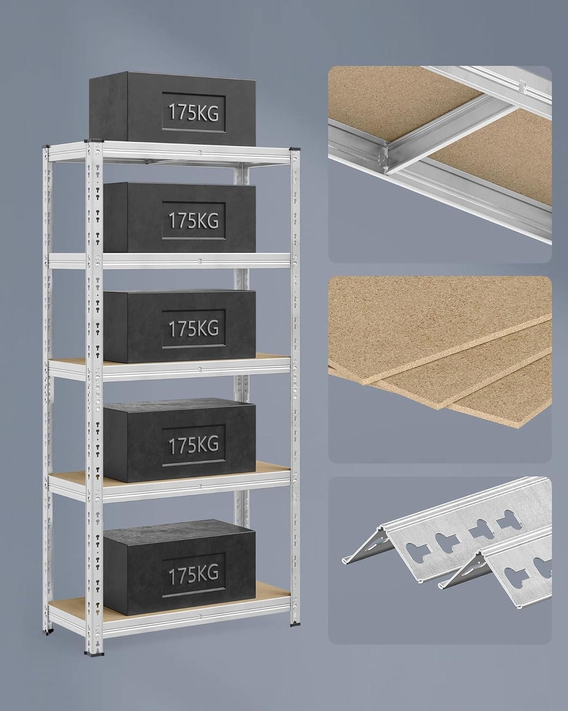 SONGMICS Set 2 rafturi metalice depozitare, 5 niveluri, reglabile, polite MDF, 875 kg, 40x90x180 cm, argintiu